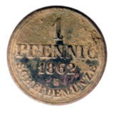 This Austrian Pfennig was minted in 1862. It is the size of a small cent and may have circulated as such in the United States.