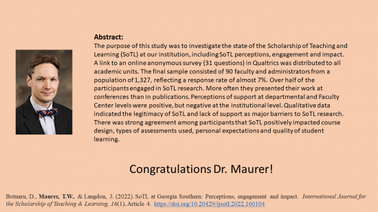 Trent Maurer co-authored a publication in the International Journal for the Scholarship of Teaching and Learning in 2022