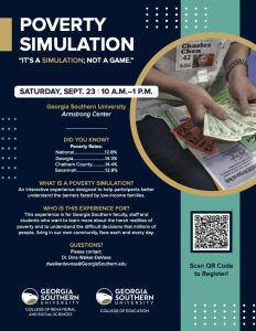 Empathy in motion in this College event. Save the date and register for the Poverty Simulation on Armstrong campus September 23rd 10-1pm. Scan the QR code to register or contact Dr. Walker-DeVose with questions.